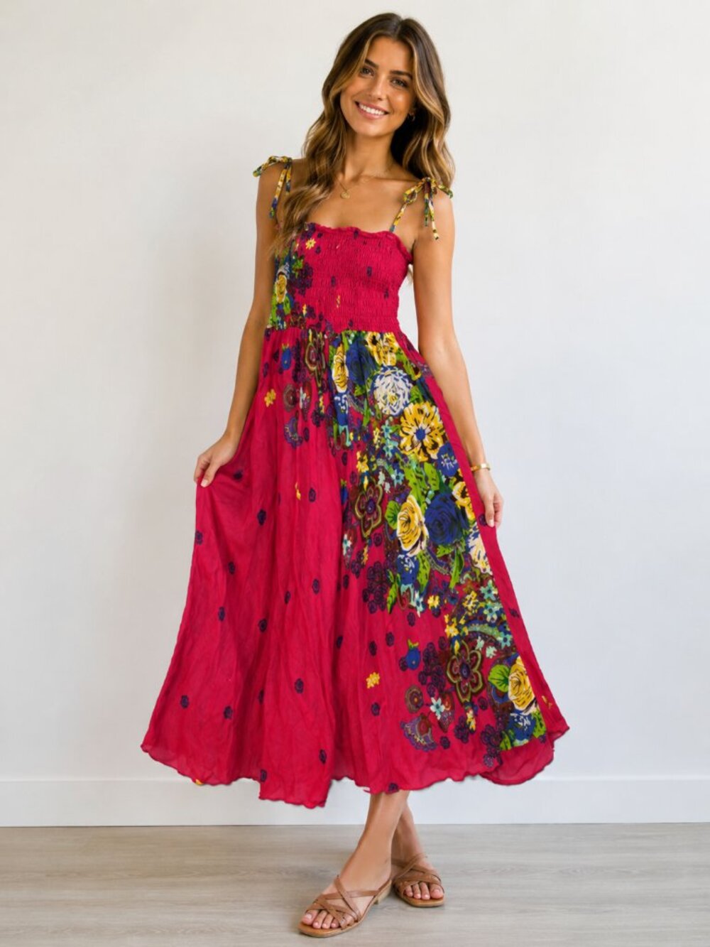 Evolve Designs Boho Maxi Dress Women's Small Pink Floral Smocked Tie Strap Dress